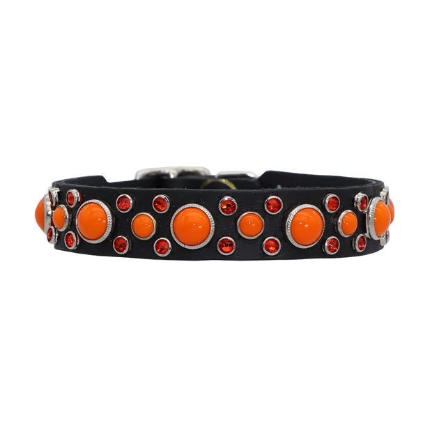 Dog collar - Black leather w/ orange Swarovski crystals & glass Cabachons - SIZE: 14"
