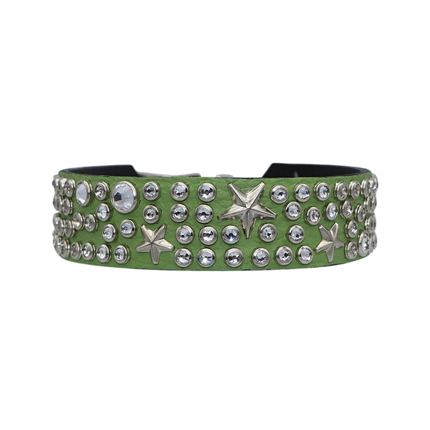 Dog collar - Green leather w/ Swarovski crystals - Yap Wear Store Albert Park | Pet Boutique