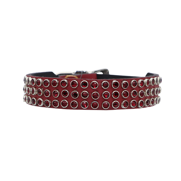 Dog Collar - Red leather with 100% genuine Swarovski crystals: triple row - Yap Wear Store Albert Park | Pet Boutique