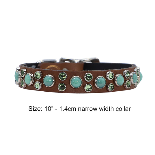 Dog collar - Tan leather with mint green Swarovski crystals and glass Cabachons - Yap Wear Store Albert Park | Pet Boutique