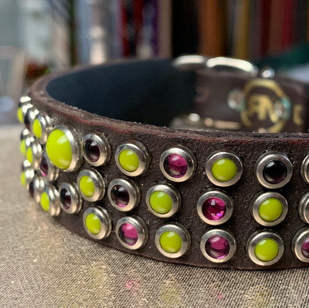 Pink & pistachio glass cabs on chocolate leather - luxury Dog collar - SIZE 12"