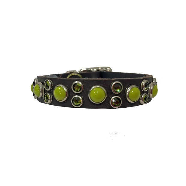 Dog collar - Choc leather with pistachio glass cabochons & Swarovski crystals | 1.3cm wide - SIZE 10"