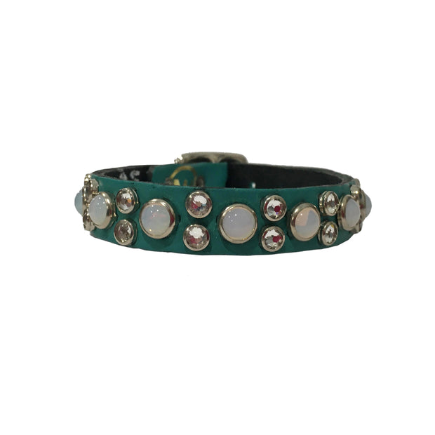 Dog collar - turquoise leather - Swarovski crystals & pearl glass stones| 1.3cm wide - SIZE 10"