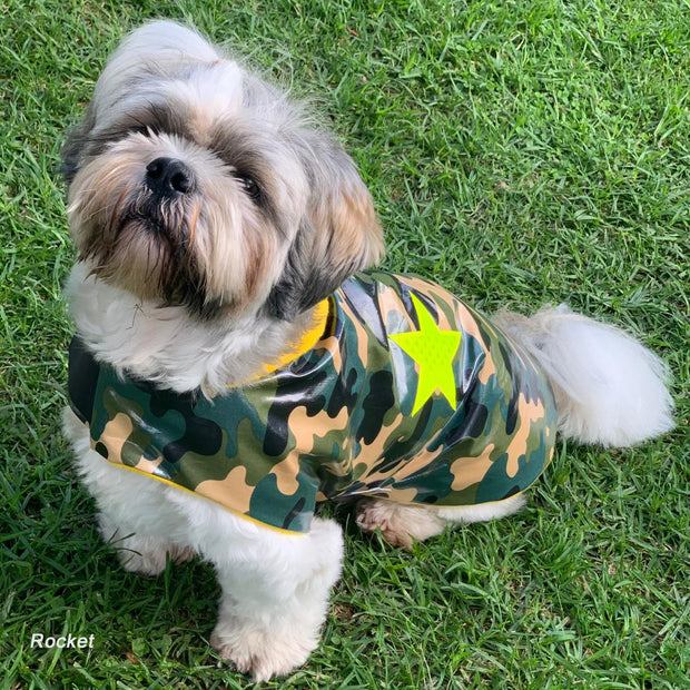 Camouflage print waterproof Dogcoat - yellow lining & yellow holographic stars