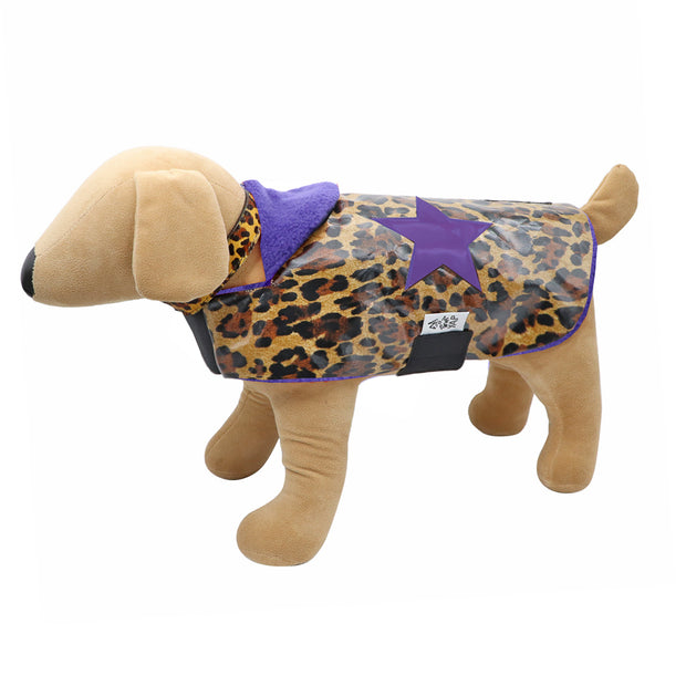 Leopard print waterproof Dogcoat - w/ purple lining & purple holographic stars