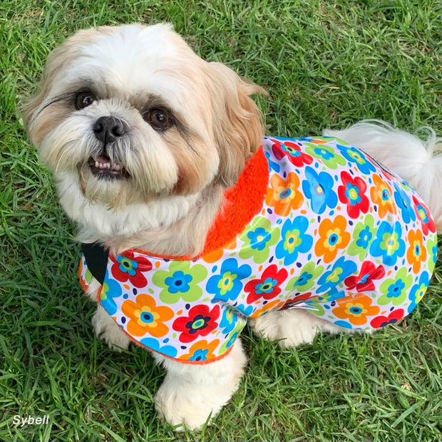 Flower Power print waterproof Dogcoat - w/ orange lining
