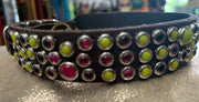 Pink & pistachio glass cabs on chocolate leather - luxury Dog collar - SIZE 12"