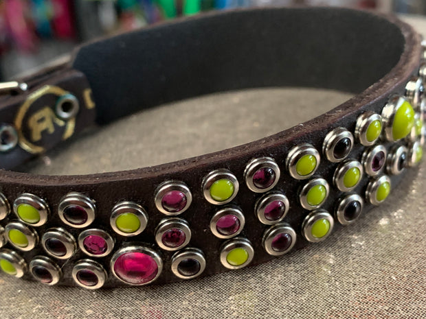Pink & pistachio glass cabs on chocolate leather - luxury Dog collar - SIZE 12"