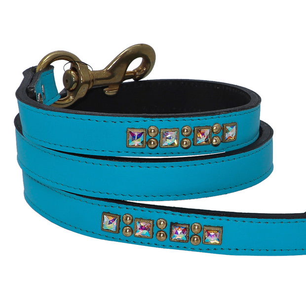 Luxury leather dog leash w/ crystals - Turquoise