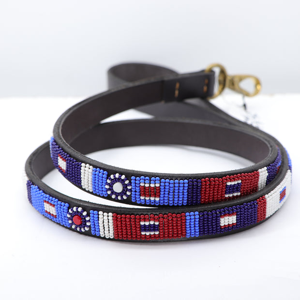 Leather Dog Leash - Handrafted in Africa - Blue, red, white