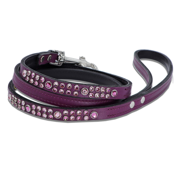 Luxury leather dog leash w/swarovski crystals - Grape