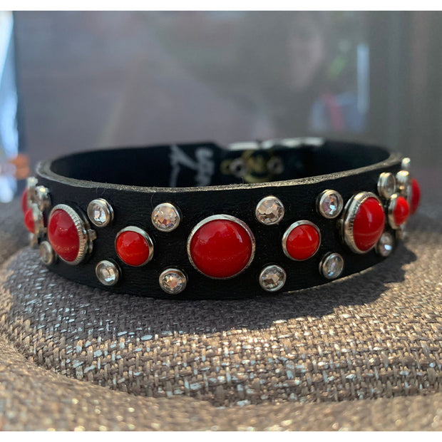 Dog collar - Black leather w/ clear Swarovski crystals & red glass Cabachons - SIZE: 15"
