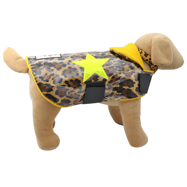 Leopard print waterproof Dogcoat w/ yellow lining & yellow holographic stars