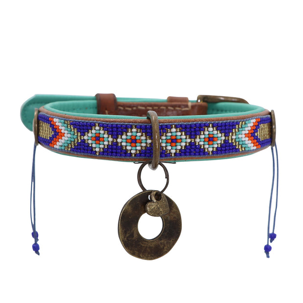 Leather dog collar: - Blue & jade beaded - Yap Wear Store Albert Park | Pet Boutique