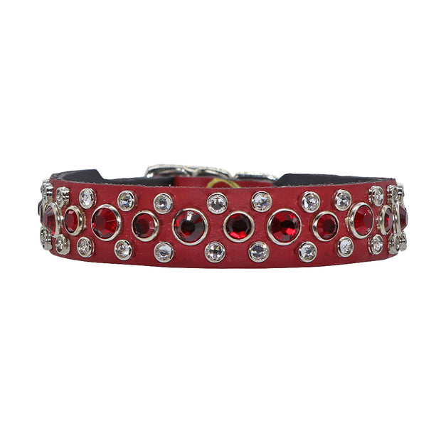 Dog Collar - Red leather w/ red & clear genuine Swarovski crystals | 2cm wide - SIZE 12",14 & 16"