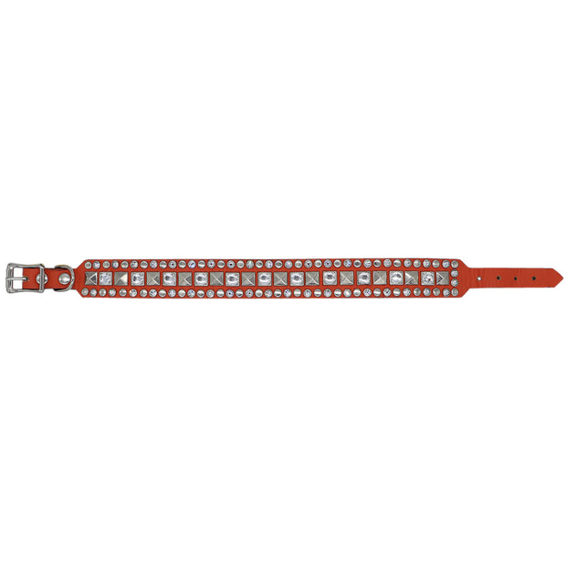 Dog collar - Orange leather w/ Swarovski crystals & silver studs, SIZE: 14"