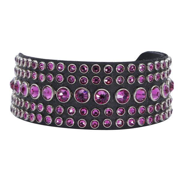 Dog Collar - Black leather with Pink Swarovski crystals - SIZE 14"