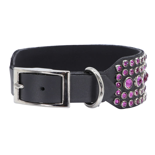Dog Collar - Black leather with Pink Swarovski crystals - SIZE 14"