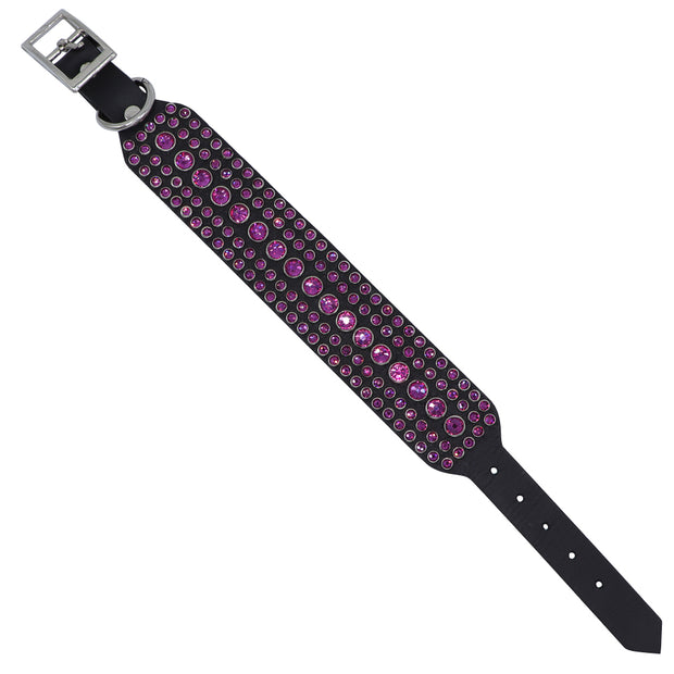 Dog Collar - Black leather with Pink Swarovski crystals - SIZE 14"