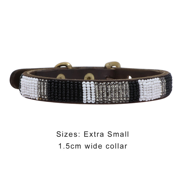 Dog collar made in Africa: Brown leather w/Silver, black & white European glass beads