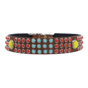 Dog Collar - Tribal coloured glass cabochons on tan leather - SIZE 16"
