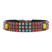 Dog Collar - Tribal coloured glass cabochons on tan leather - SIZE 16