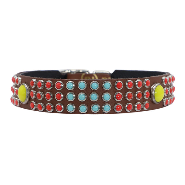 Dog Collar - Tribal coloured glass cabochons on tan leather - SIZE 16"