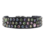 Dog collar - Black leather with multi coloured Swarovski crystals - SIZE: 12"