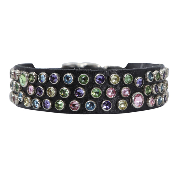 Swarovski crystals in multi colours on black leather - SIZE: 12"