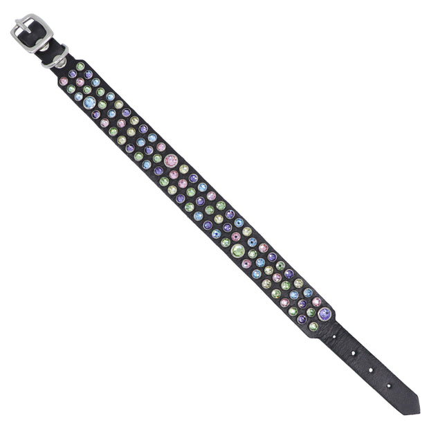 Dog collar - Black leather with multi coloured Swarovski crystals - SIZE: 12"