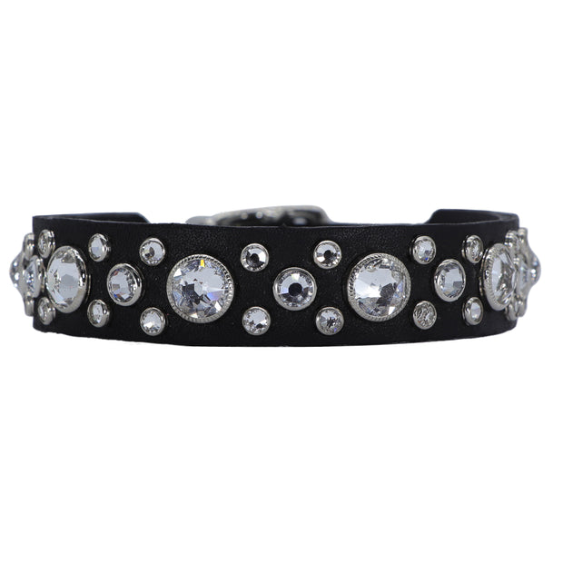 Dog Collar - Black leather with clear Swarovski crystals | 2cm Size:13"