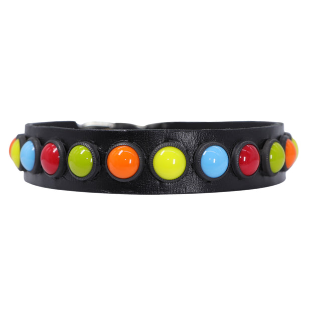 Dog Collar - Black with coloured glass cabochons - SIZE: 15"