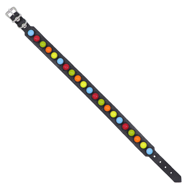 Dog Collar - Black with coloured glass cabochons - SIZE: 15"
