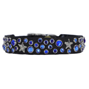 Dog Collar - Black leather with blue Swarovski crystals & glass Cabachon - SIZE 13"