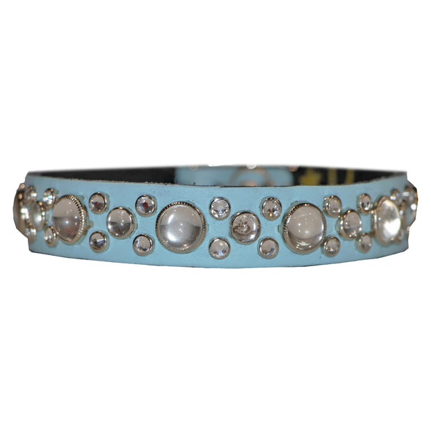 Dog collar - Clear Swarovski crystals and glass Cabachons on blue leather | 2cm wide - SIZE: 16"