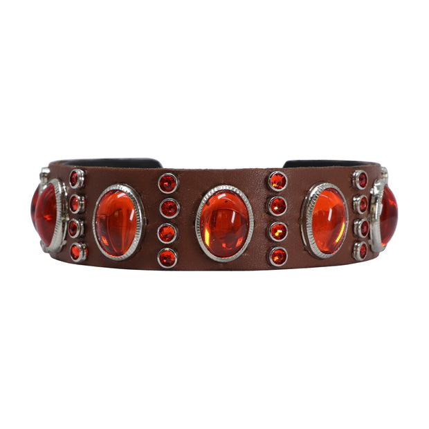 Dog Collar - Orange Swarovski crystals & glass cabochons on tan leather - SIZE 14"