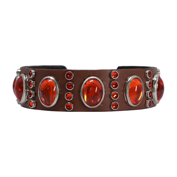Dog Collar - Orange Swarovski crystals & glass cabochons on tan leather - SIZE 14" ONLY