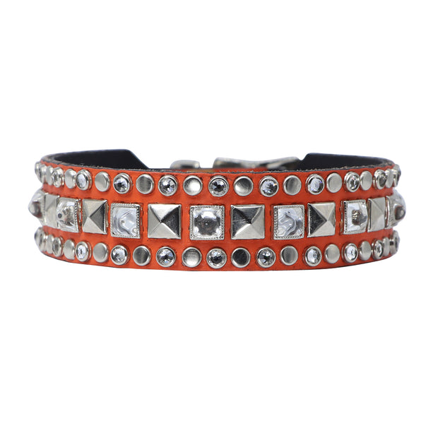 Dog collar - Orange leather w/ Swarovski crystals & silver studs, SIZE: 14"