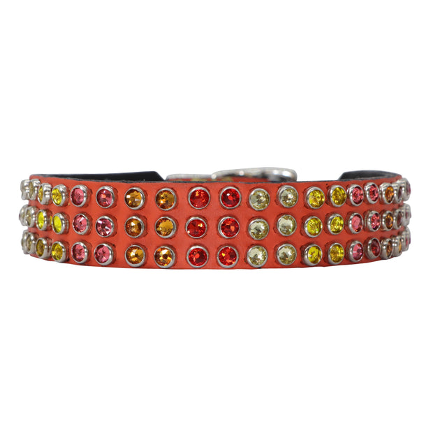 Dog Collar - Orange leather with tonal Swarovski crystals: triple row - SIZE 14"