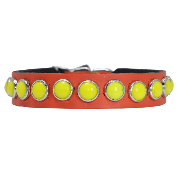 Dog Collar - Yellow glass stones on orange leather - SIZE: 14"