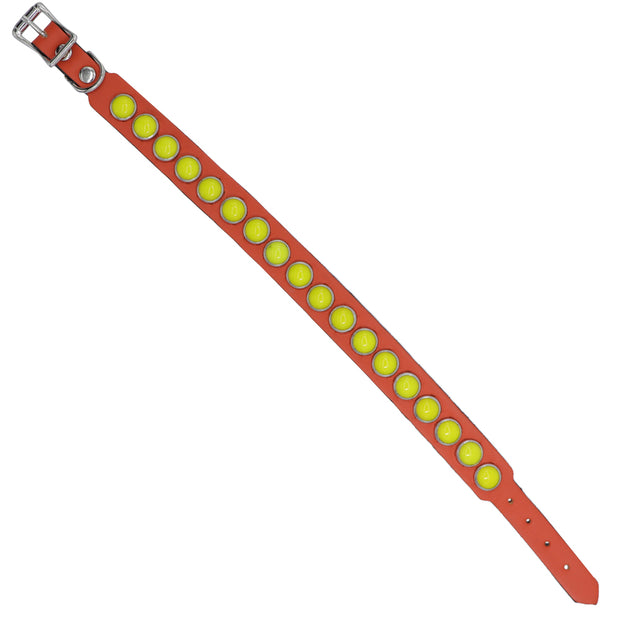 Dog Collar - Yellow glass stones on orange leather - SIZE: 14"