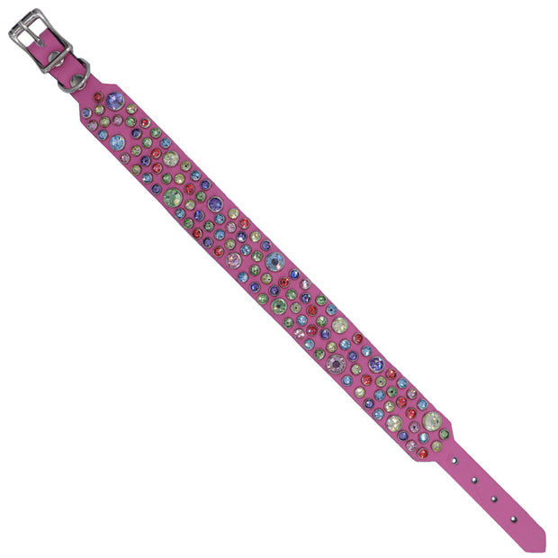 Dog collar - Hot Pink leather with multi coloured Swarovski crystals | 2cm wide - SIZE: 10"