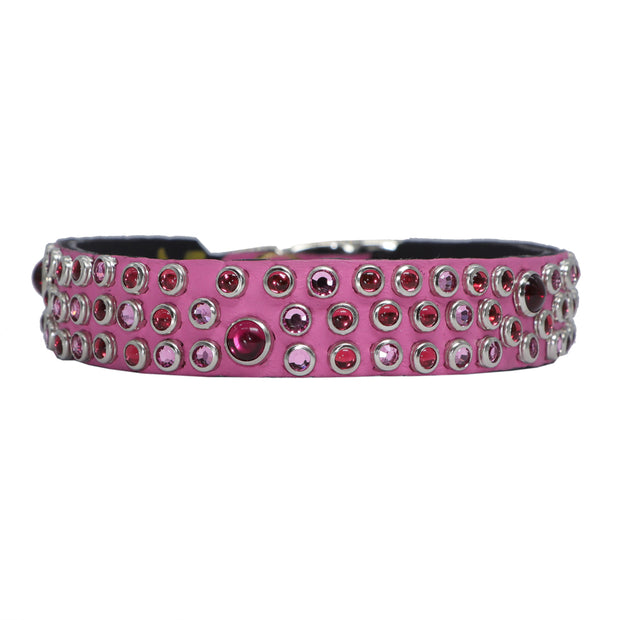Dog Collar - Pink leather with pink Swarovski crystals & glass Cabachons | 2cm wide - SIZE 14" ONLY