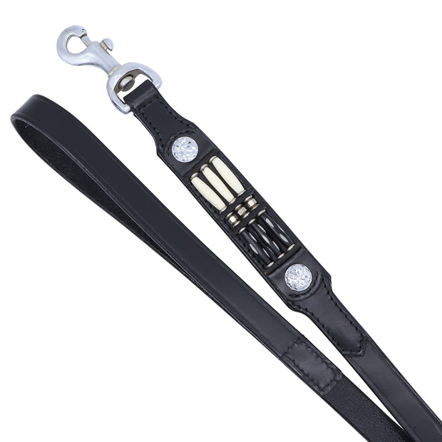 Leather dog leash  with beaded motif - Black Cream