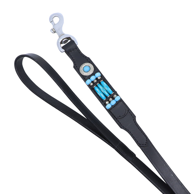 Leather dog leash  with beaded motif - Blue