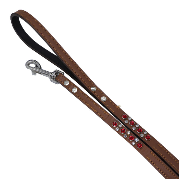 Luxury leather dog leash w/swarovski crystals - Tan