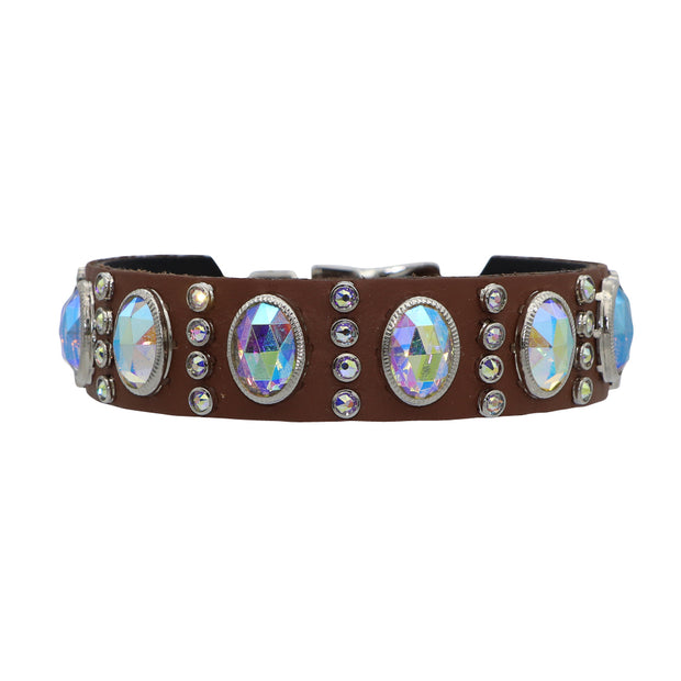 Dog Collar - Tan leather featuring 100% genuine Swarovski crystals in oval aboreal cut - Yap Wear Store Albert Park | Pet Boutique
