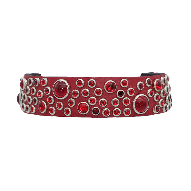 Dog Collar - Red leather with red Swarovski crystals & glass Cabachons | 2.5cm wide - SIZE 12"& 15"