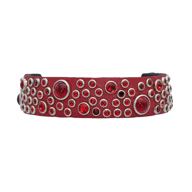 Dog Collar - Red leather with red Swarovski crystals & glass Cabachons | 2.5cm wide - SIZE 12"