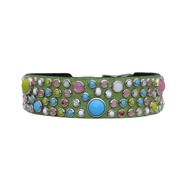 Dog Collar - Swarovski crystal & glass Cabachon on green leather - Yap Wear Store Albert Park | Pet Boutique